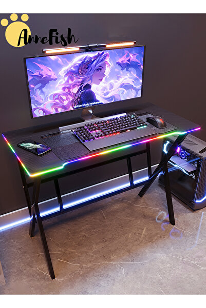 AnneFish Gaming Desk With Smart Bluetooth Led Strip Music Sync Corner Computer Desk Carbon Fiber Table
