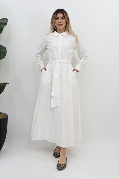 Kayra Kuşaklı Pamuklu Elbise - Ekru