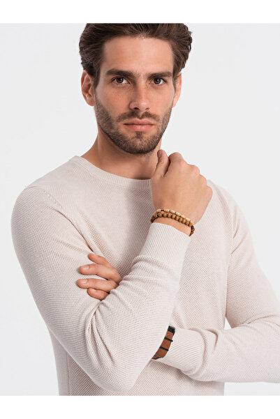 OMBRE Ανδρικό Πουλόβερ με Στρογγυλή Λαιμόκοψη και Υφασμάτινη Φόρμα - Μπεζ OM-SWSW-0104