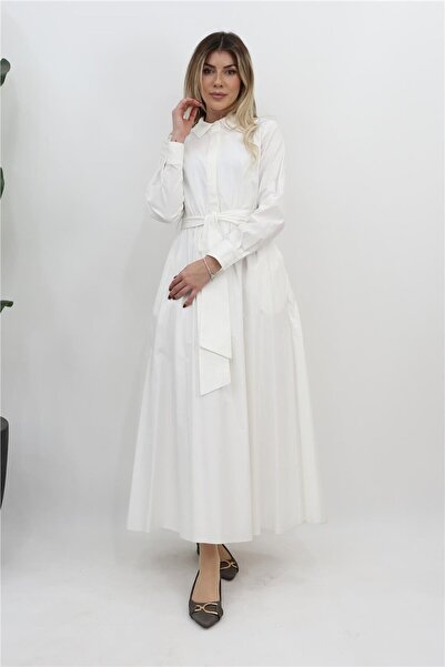 Kayra Kuşaklı Pamuklu Elbise - Ekru