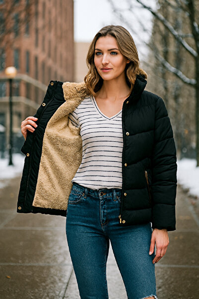 DYNAMO Black Mock Neck Zippered Accessories Fur Lined Thick Puffer Coat