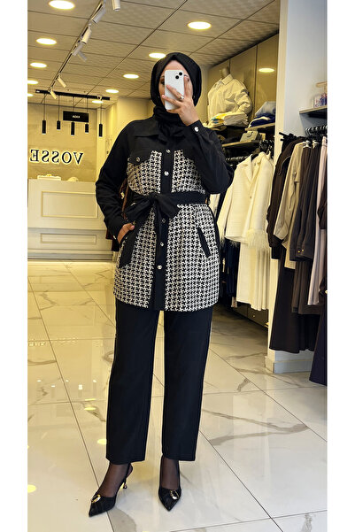 Vosse Moda İlgi Siyah Kazayağı Desenli Takım