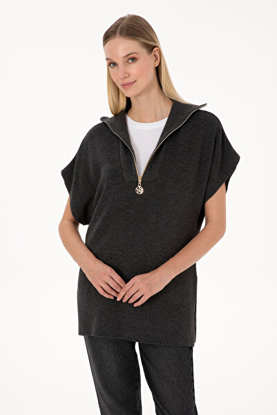 U.S. Polo Assn. Women's Anthracite Melange V-Neck Zippered Sweater 50317570-Vr081