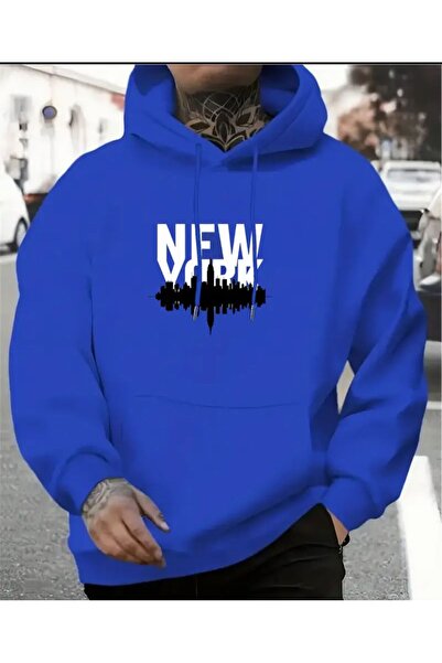 caddekombin Newyork Printed Hooded Blue Sweatshirt