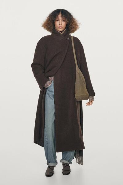 Massimo Dutti Yumuşatılmış yüzeyli uzun kruvaze palto