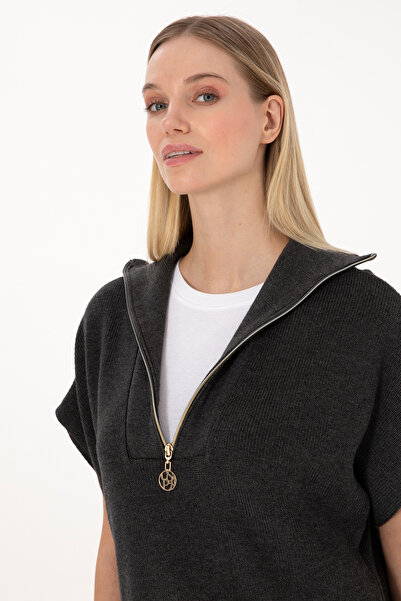 U.S. Polo Assn. Women's Anthracite Melange V-Neck Zippered Sweater 50317570-Vr081