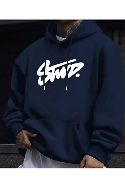 caddekombin Handwritten Printed Hooded Navy Blue Sweatshirt