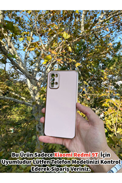 GtTech Xiaomi Redmi 9T Uyumlu Lazer Kesim Gold Çerçeve Pembe Kapak Kılıf