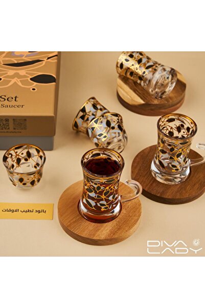DIVA LADY طقم شاي وقهوة فاخر من – 6 فناجين شاي + 6 فناجين قهوة + 6 قواعد خشبية بتصميم ذهبي راقٍ ☕✨