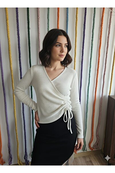 HOFY 1587 Double-Breasted Soft Knit Blouse with Lace-Up Detail