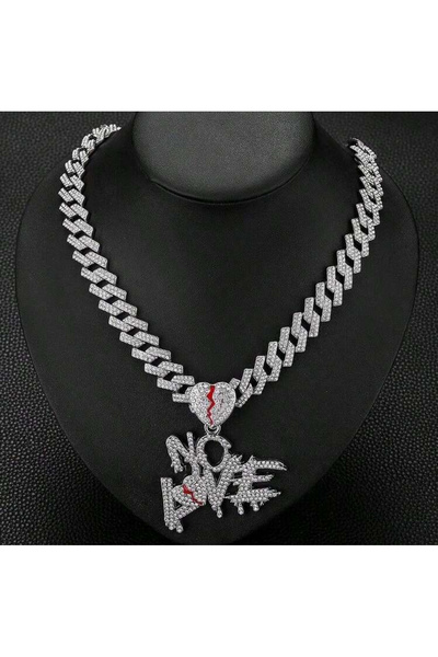 La Saade Y2k Gümüş Rengi Taşlı 'No Love' Küba Chain Rhinester Hip Hop Kolye