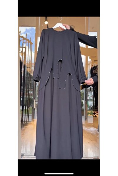 FATMA DANIŞMAN Bambu Kumaş Ön Turkuaz Kumaş Kombinli Taş Çakmalı Elbise -Siyah