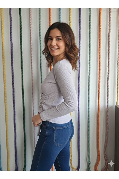 HOFY 1587 Double-Breasted Soft Knit Blouse with Lace-Up Detail