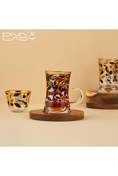 DIVA LADY طقم شاي وقهوة فاخر من – 6 فناجين شاي + 6 فناجين قهوة + 6 قواعد خشبية بتصميم ذهبي راقٍ ☕✨