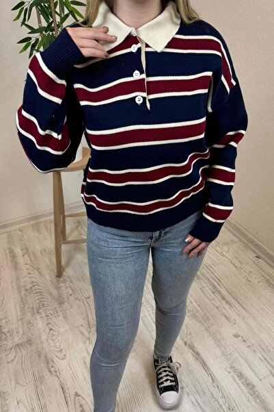 EXPLODE Kadın Lacivert - Bordo Polo Yaka Çizgili Oversize Triko Kazak