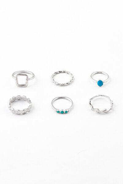 Sortie Aksesuar مجموعة من 6 خواتم مينا بشكل مستطيل وثلاثي الأوجه باللون الأزرق