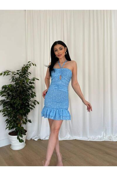 Coral Cross Strap Patterned Gipeli Dress 11512 Blue