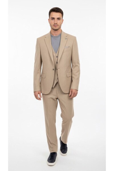 Plus Scorpion Ecru Corded Fabric Velvet Men's Suit – 3 Pieces Vest Set , Stylish and Modern Slim Fit Cut