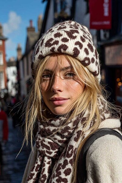 LAGRANZE Leopard 2-Piece Scarf Beanie Set