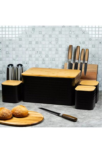 Klausberg Set of bread boxes, made of steel and bamboo, and 3 kitchen containers, black,