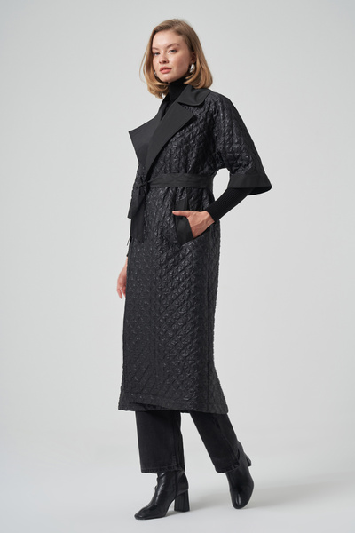 Nuss Belt and Detachable Knitted Sleeve Detail Cap Jacket 6014 Black