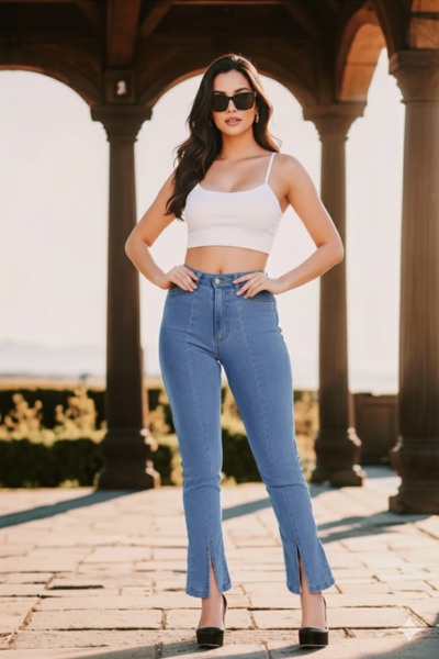 SHEVEGA Blue Leg Slit Stretch Fabric Flared Slim Jean