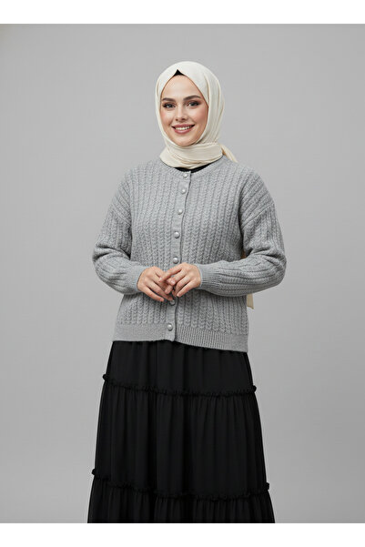 BENAHOLL Alkai Beaded Buttoned Short Knit Cardigan-Zi̇7018 Gray