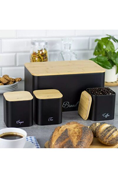 Kinghoff Bread box and 3 kitchen containers set, steel-bamboo, black,