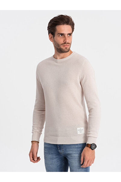 OMBRE Ανδρικό Πουλόβερ με Στρογγυλή Λαιμόκοψη και Υφασμάτινη Φόρμα - Μπεζ OM-SWSW-0104
