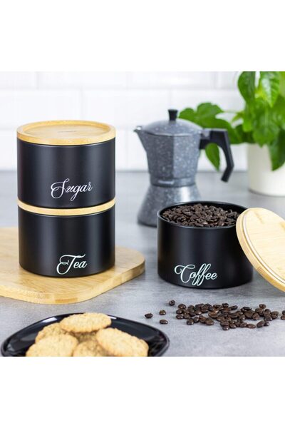 Kinghoff Coffee, tea, sugar containers, made of steel-bamboo, black, Klausberg