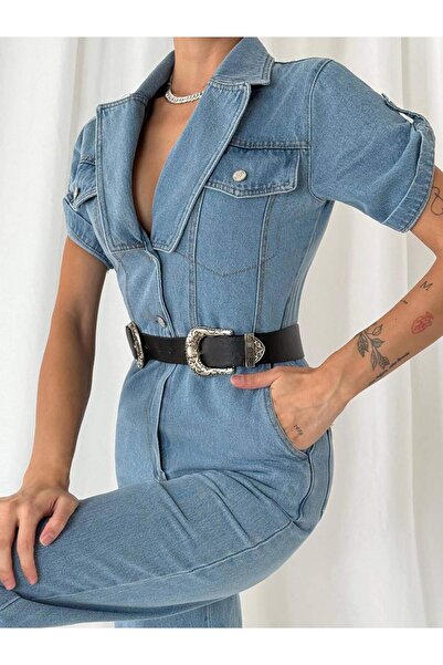 Coral Kolu Katlı Yakalı Kot Tulum 11917 Mavi