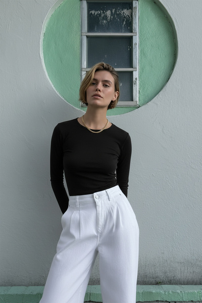 Evelora Black Crew Neck Basic Long Sleeve Full Stretch Fabric Body