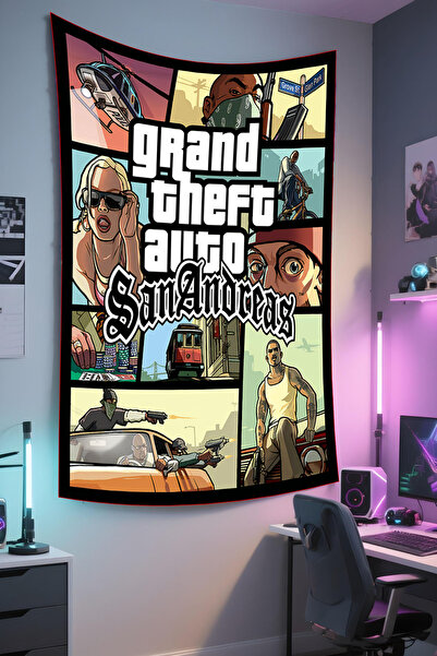 RUGRUMBA GTA Baskılı Duvar Örtüsü – Gamer Temalı, Kaliteli Kumaş, Tapestry Du...