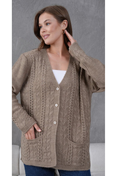 Elçelya Moda Women's Mother Plus Size Chain Flower Motif Buttoned Cardigan