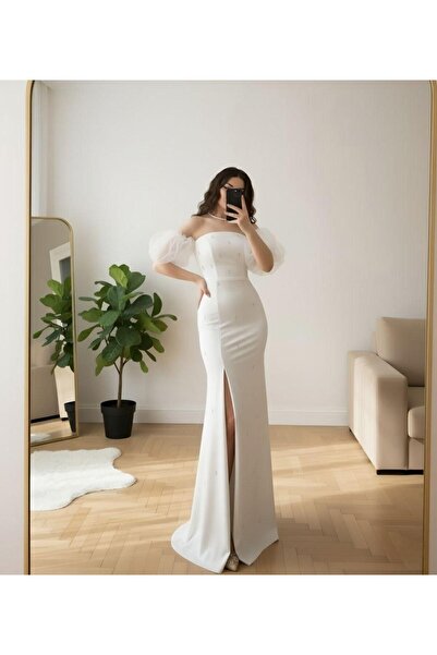 Modafeminen Scuba Stretch Fabric Strapless Sleeve Pleated Detail Pearls Evening Dress 583325 White