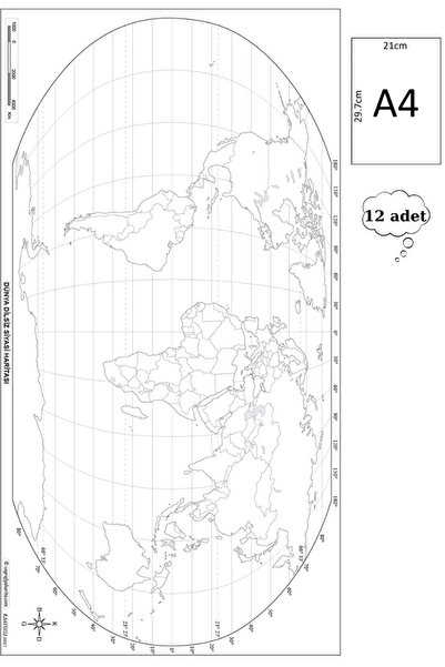 Glanart a4 boy dilsiz dünya siyasi haritası geoid renksiz 12 adet