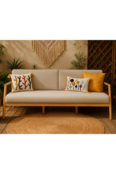 Zem Favela Bohem Üçlü Berjer Natürel Ahşap, Sütlü Kahve