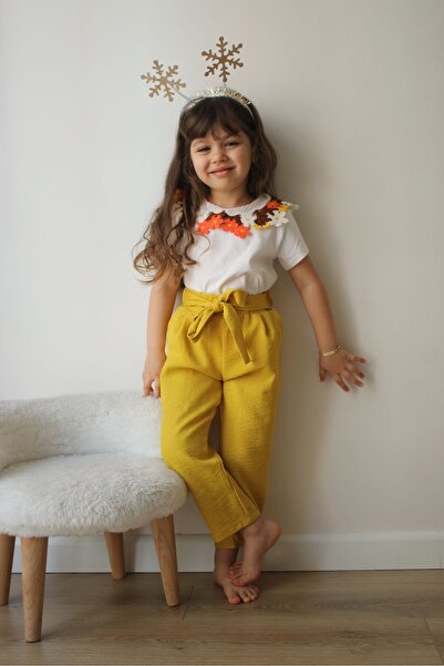 morbella Mustard Yellow High Waist Trousers & Floral Collar Girls' Set