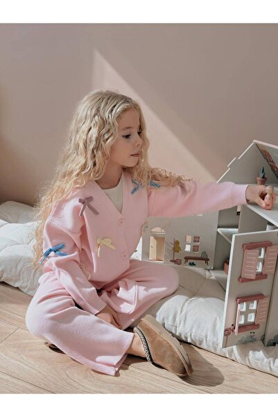 YİGİT BUTİK Girls' Set with Bow Embroidered Knitwear Cardigan