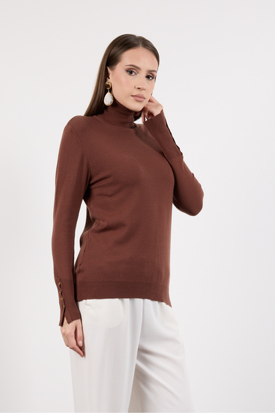 Clothes Fast Women's Coffee Color Snap Sleeve Turtleneck Knit Blouse