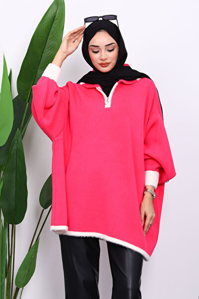 İmajButik Fuchsia Shirt Collar Zippered Knitwear Tunic