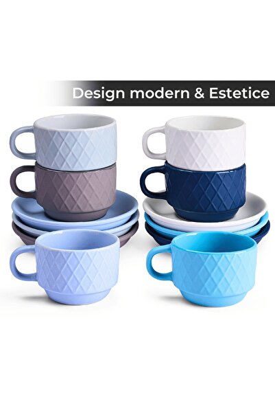 MIAMIO Set of 6 Espresso cups with saucer, Palmanova collection, ceramic, Ocean multicolor, 75 ml