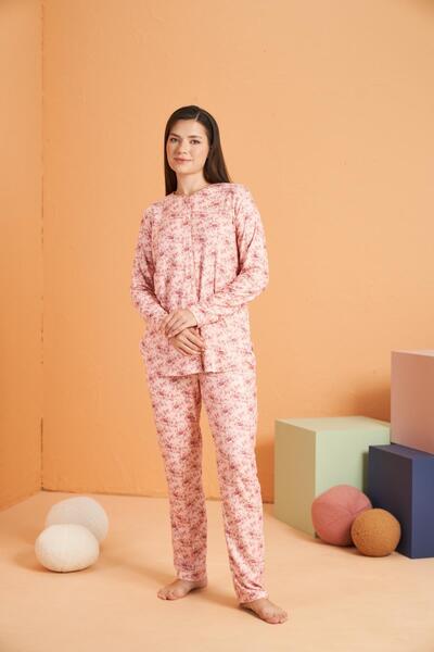 PJS Σετ γυναικεία πιτζάμα με λουλουδάτο κουμπί - Μακρυμάνικο