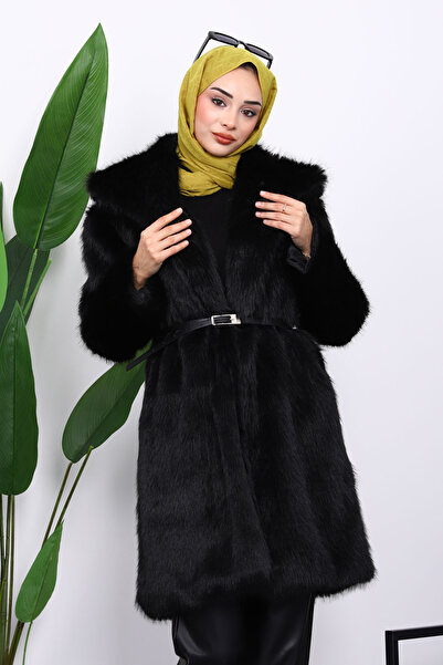 İmajButik Μαύρο παλτό με επένδυση με ζώνη