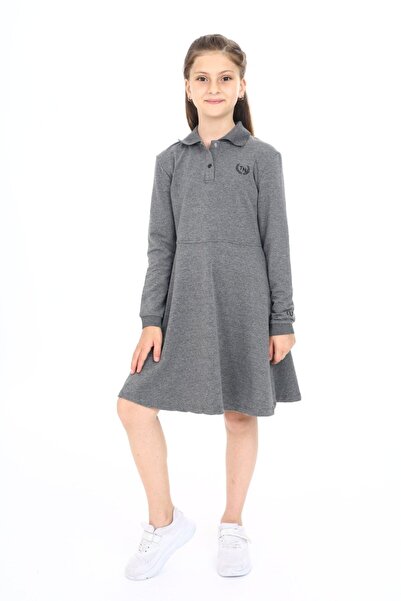 Toontoy Kız Çocuk Baskılı Relax Fit Polo Yaka Düğmeli Uzun Kollu Elbise -