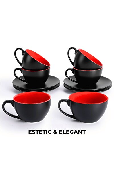 MIAMIO Set of 6 Cappuccino cups with saucer, Le Papillon collection, ceramic, red, 175 ml