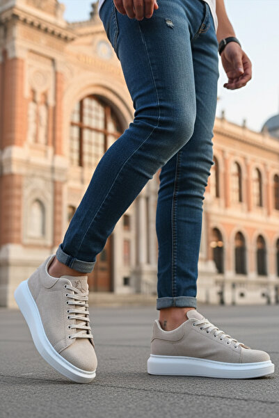 LUXEON Men's Beige White Casual Lace-Up Suede Sneakers High Thick Sole Comfortable Stylish Comfortable Sneaker
