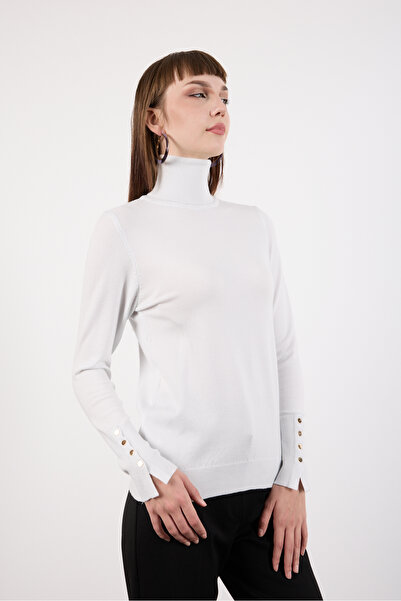 Moda Days Women's White Snap Sleeve Turtleneck Knit Blouse