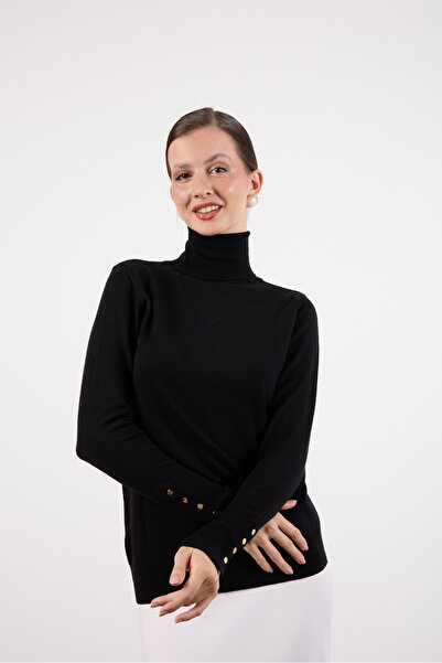 Clothes Fast Women's Black Snap Sleeve Turtleneck Knit Blouse