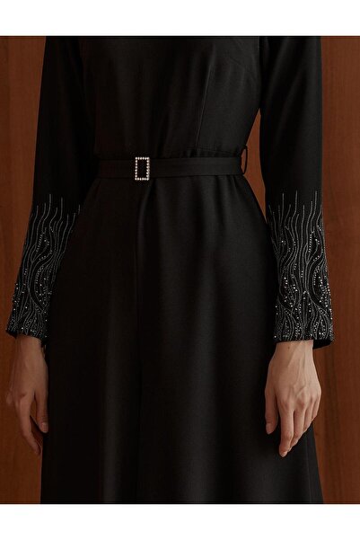 Kayra Jumpsuit with Embroidered Sleeves and Belt-Black